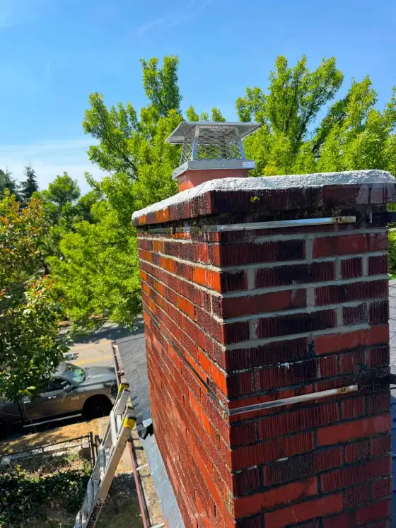 Dark brick chimney with a new crown and stainless steel cap, seen from the roof with a ladder in place