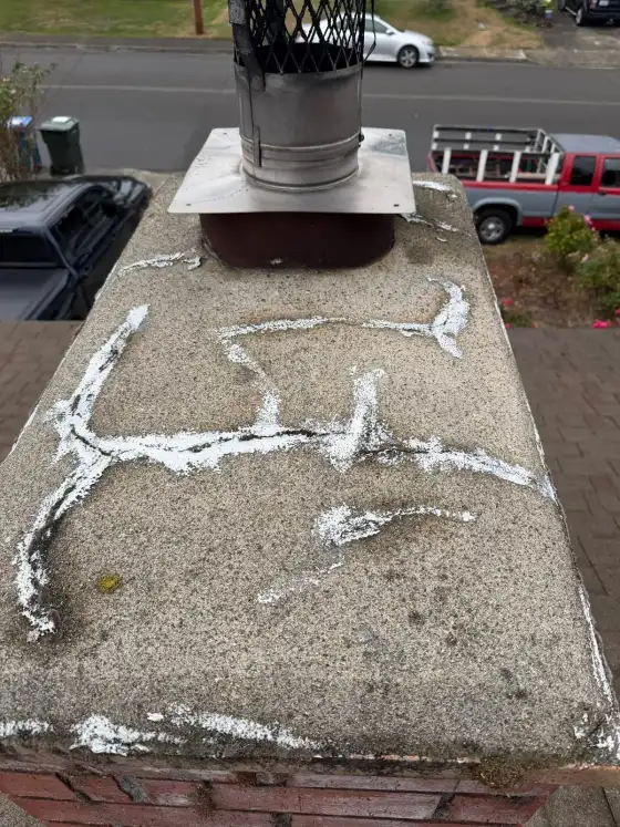Chimney crown with white sealant filling the cracks and a stainless steel flue pipe on top