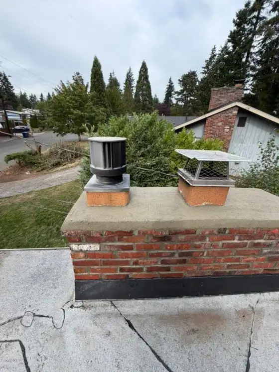 Flat-roof chimney after repair with a new tan crown under a stainless steel cap and a gray cap