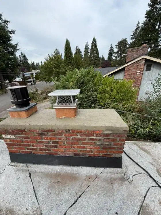 Flat-roof chimney after repair, seen from the street side, with a new smooth crown and the two flue caps