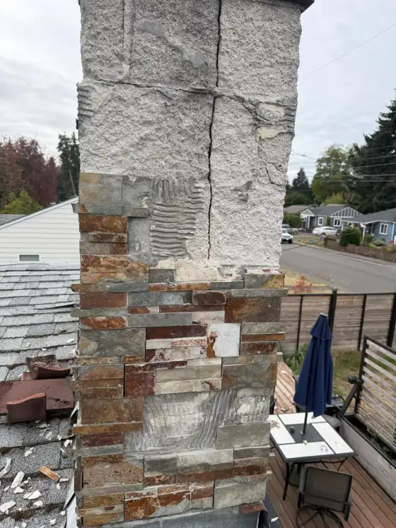 Close view of a long crack through the stucco on a stone veneer chimney