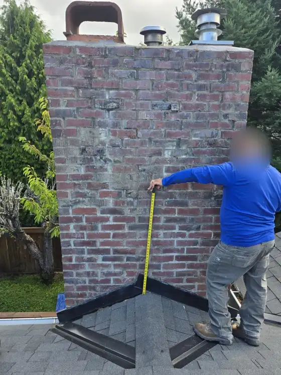 A mason in a blue shirt measures a weathered brick chimney with a tape measure above new black flashing, face blurred