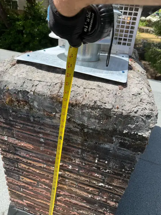 Gloved hand holding a tape measure on a weathered chimney crown with a flue collar and cap