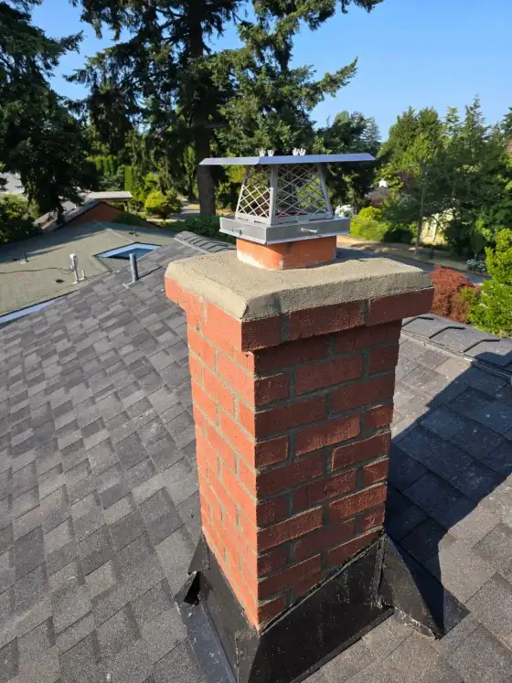 Narrow brick chimney after repair with a new crown and a stainless steel mesh cap