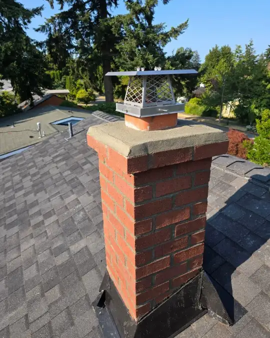 Narrow brick chimney after repair with a new crown and a stainless steel mesh cap