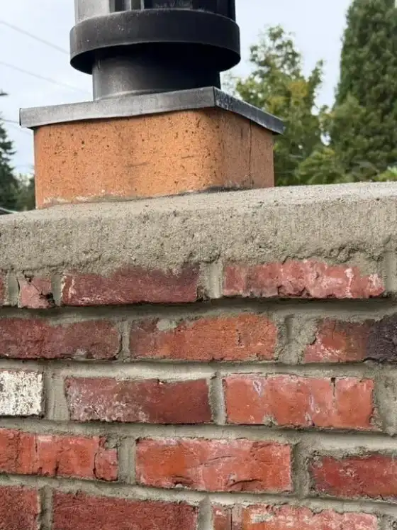 New crown on a brick chimney with a black chimney pipe on the flue