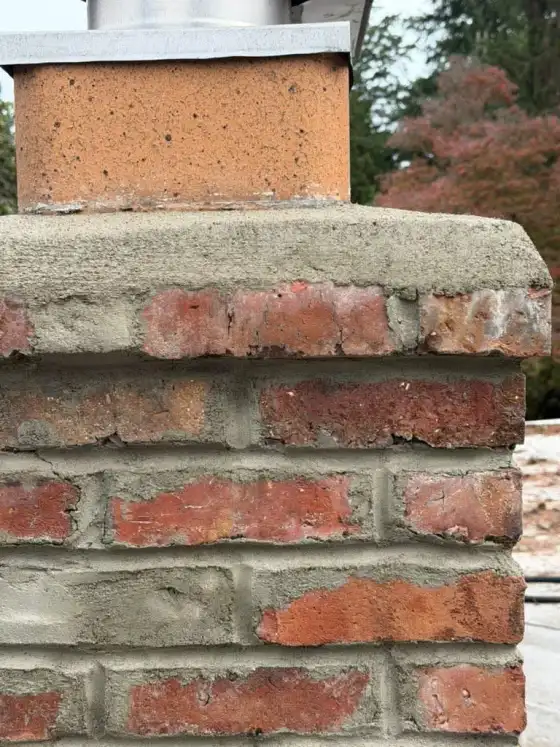 Close view of a new crown with fresh mortar joints above red brick and a terra cotta flue