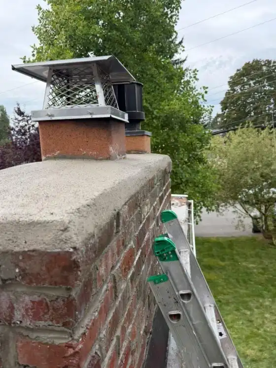 New crown and stainless steel cap on a brick chimney, with a ladder in place beside it