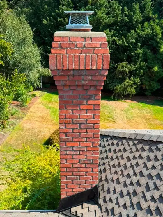 Tall red brick chimney with a corbelled top and a stainless steel cap, seen over a lawn