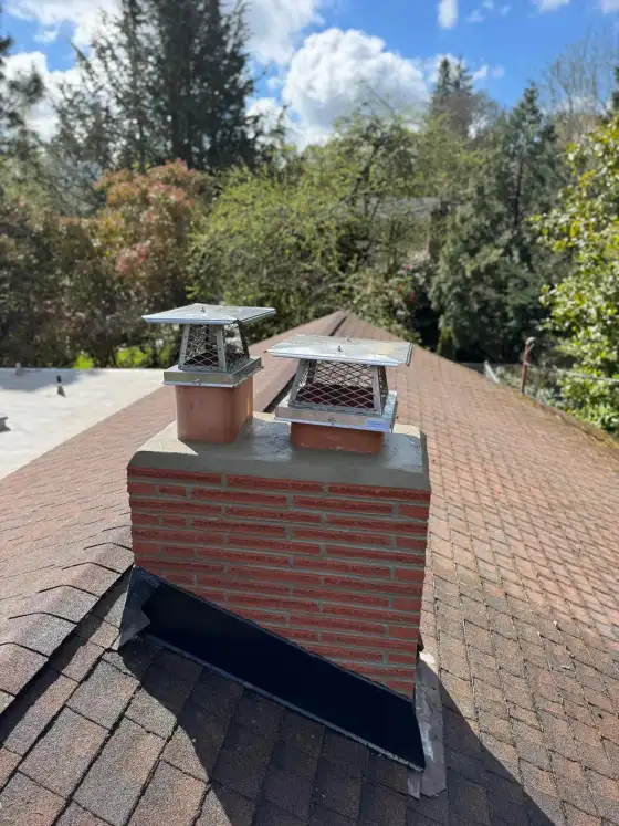 Two-flue brick chimney with a freshly finished crown and two stainless steel caps on a shingle roof
