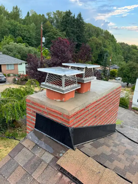 Brick chimney with a new gray crown, two stainless steel caps and black flashing at the roof