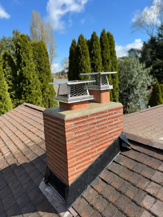 Brick chimney with two stainless steel caps and a fresh gray crown, tall trees behind